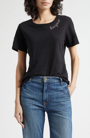 Cinq &agrave; Sept Rhinestone Bonjour Shrunken Cotton T-Shirt in Black/Clear at Nordstrom, Size X-Small