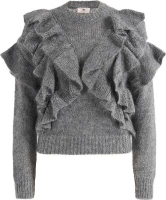 Elisabetta Franchi Truien & Vesten, Dames, Grijs, S, Gebreide Pullover met Ruches