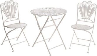 Beliani Garden Bistro Set Off-White Metal Powder Coated Table and Chairs Peacock Motif Distressed Effect PAVIA