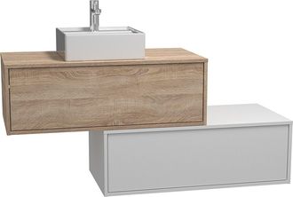 Vente-Unique Mueble de ba&ntilde;o flotante blanco y natural claro con lavabo y dos cajones - 94 cm - TEANA II