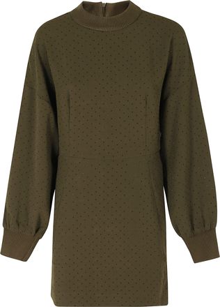 Essentiel Dusty Green Rhinestone Puffed-Sleeve Mini Dress