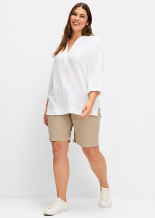 Sheego Longbluse SHEEGO, Damen, Gr. 40, beige (ecru), 100% Baumwolle, unifarben, V-Ausschnitt, Blusen Longbluse