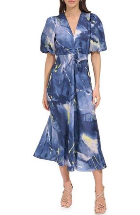 DKNY Print Puff Sleeve Satin Midi Dress in Fluoro Yellow/Inky Blue Multi at Nordstrom, Size X-Small