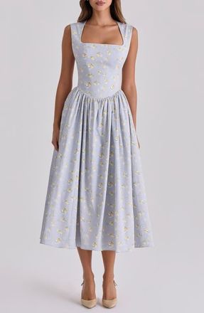 House of CB Emmy Floral Print Cotton Midi Sundress in Blue Wildflower at Nordstrom, Size X-Small