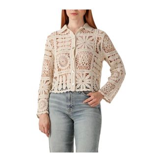Summum Truien & Vesten, Dames, Beige, M, Short Cardigan Flower Crochet Knit
