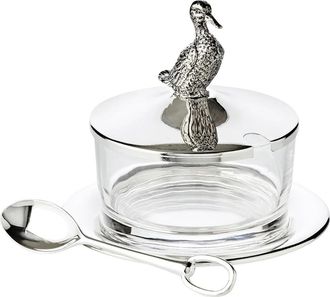 Edzard Premium Marmeladenglas Entchen mit Untersetzer und Löffel - edel versilbert