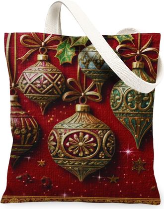 Generic Christmas Ornaments Canvas Tote Bags, Holiday Design Reusable Grocery Bags, Vintage Lightweight Washable Shoulder Strap for, Red, 13x15 Inch