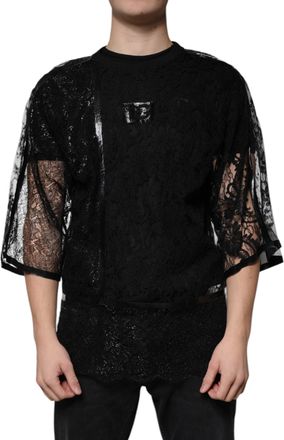 Dolce & Gabbana Mens Black Nylon Floral Lace Crew Neck T-Shirt