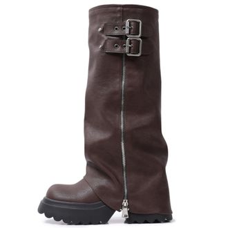 Generic Womens Fold Over Knee High Boots 8cm Platform Chunky High Heels Mid-Calf Gothic Boots Slouch Boots Metallic Boots(Khaki1,5.5)