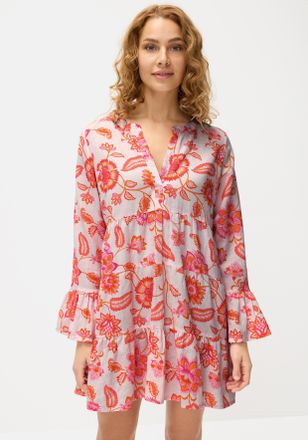 Lascana Longbluse LASCANA, Damen, Gr. 32/34, bunt (orange, pink bedruckt), Web, Obermaterial: 58% Viskose, 28% Baumwolle, 14% Leinen, bedruckt, figurumspielen