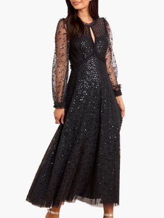 Needle & Thread Dappled Sequin Long Sleeve Ankle Gown in Graphite at Nordstrom, Size 10
