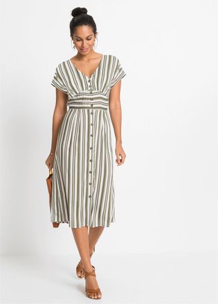 Bonprix Midikleid BONPRIX, Damen, Gr. 36, N-Gr, oliv, wei&szlig; gestreift, Obermaterial: 100% Viskose, ausgestellt, Kleider Midikleid, f&uuml;r warme Tage, aus Viskose,