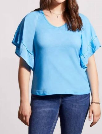 Tribal V-Neck Raglan Combo Sleeve Top In Azure
