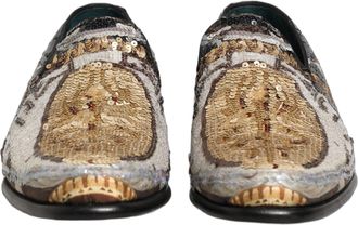 Dolce & Gabbana Mens Multicolor Embroidered Sequin Loafers Shoes Leather