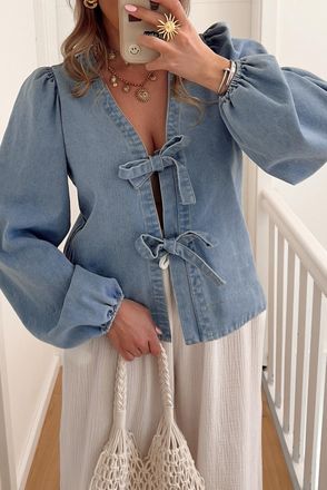 Azura Exchange Womens Denim Tie Front Jacket - Light Grey Cotton - Size Large