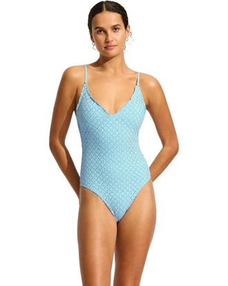 Seafolly Daydreamer Swimsuit Womens Powder Blue Stretch V-Neck One-Piece JZZ962