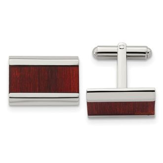 Diamond2Deal Stainless Steel Polished Red Koa Wood Inlay Rectangle Cufflinks