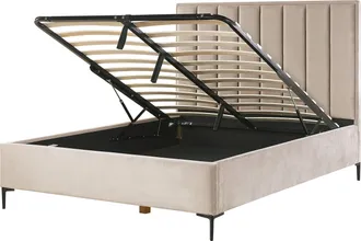 Beliani Cama Con Almacenaje Cabecero Acolchado Patas Negras Metal Terciopelo Gris Pardo 160 X 200 Cm Sezanne