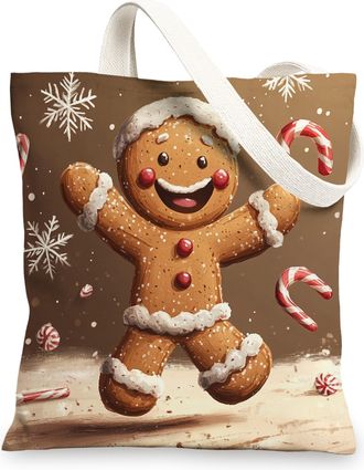 Generic Kid Christmas Gingerbread Man Canvas Tote Bag for Shopping 13x15, Fun Snowflakes Xmas Reusable Grocery Print Bag for Women, Holiday New Year Beach Aes