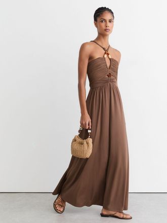 Reiss Taupe Brown Jersey Bead-detail Ruched Maxi Dress, 10