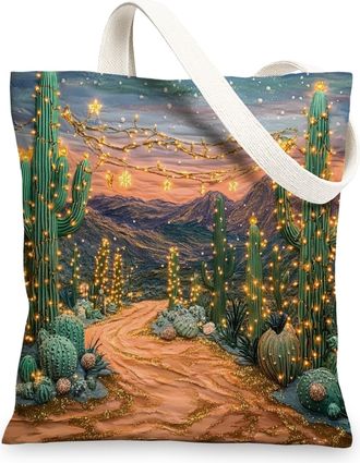 Generic Christmas Western Cactus Canvas Tote Bag for Shopping 13x15, Desert Southwest Xmas Reusable Grocery Print Bag for Women, Holiday New Year Beach Aesthe
