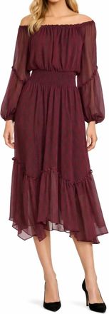 Ramy Brook Danna Smocked Waist Chiffon Midi Dress In Wine And Black Print