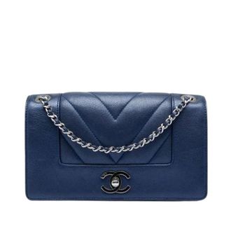 Chanel Pre-owned Vintage Chevron Crossbody Bag - Dames - Pre-owned - Blauw - Maat: ONE Size Zijde