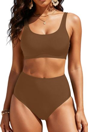 Holipick Women High Waisted Bikini Set Two Piece Scoop Neck Swimsuit Criss Cross Back Bathing Suit, Brown, Medium