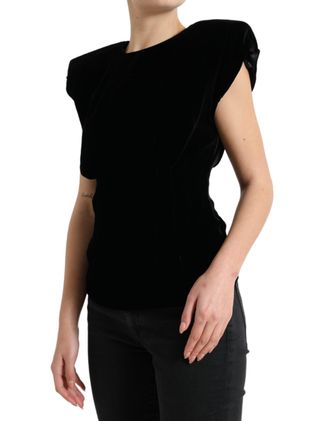 Dolce & Gabbana Womens Black Velvet Fitted Padded Shoulder Blouse Top Viscose Silk