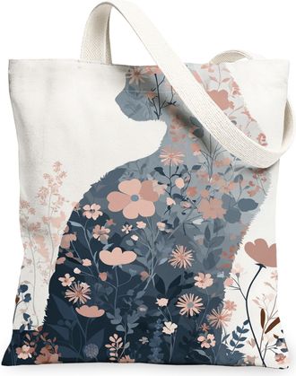 Generic Floral Cat Canvas Tote Bags, Vintage Botanical Design Lightweight Washable Reusable Grocery Bags, Ideal for Spring Outdoor, Cream, 13x15 Inch