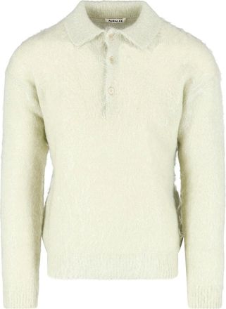 Auralee Green Textured Knit Ribbed Polo Shirt