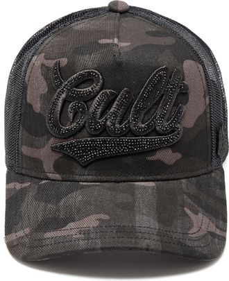 Cult of Individuality Mesh Back Trucker Hat Camo Crystal Script In Black Camo