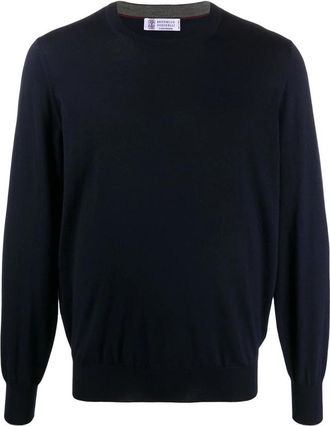 Brunello Cucinelli Blauwe Wol Kasjmier Trui - Heren - Ronde hals truien - Blauw - L - Wol - Truien & Vesten