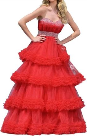 Colors Dress Beaded Ruffle Tulled Dress In Red