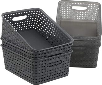 OEM Juego De 6 Cestas De Almacenamiento, De Pl&aacute;stico Trenzado, Con Doble Asa, De Color Gris, Para Cocina, Sal&oacute;n U Oficina