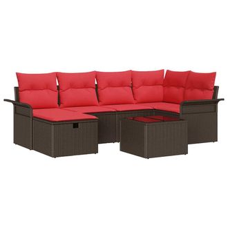 vidaXL Conjunto De Sof&aacute; De Jard&iacute;n 7 Pcs Marr&oacute;n Y Rojo Rat&aacute;n Sint&eacute;tico Vidaxl