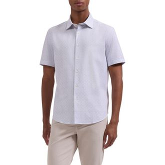 Bugatchi Miles OoohCotton Geometric Print Short Sleeve Button-Up Shirt in Ivory at Nordstrom, Size Xxx-Large
