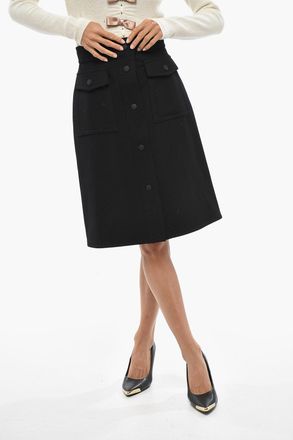 Moncler Solid Mid-Length Skirt with Logo Snap Buttons Moncler