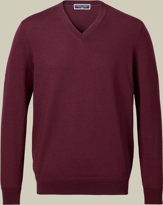 CHARLES TYRWHITT Pure Merino V-Neck Wool Jumper - Burgundy Size Large by Charles Tyrwhitt