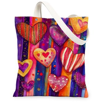 Generic ValentineS Day Heart Canvas Tote Bags, Colorful Love Pattern Reusable Grocery Bags, Artistic Lightweight Washable Shoulder, Violet, 13x15 Inch