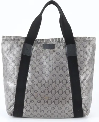 Gucci Black Navy Silver Leather Coated Canvas Handbag Shoulder Bag Tote Bag (Pre-Owned)