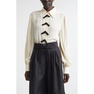 Valentino Bow Detail Silk Cr&ecirc;pe de Chine Button-Up Shirt in Vanilla at Nordstrom, Size 10 Us