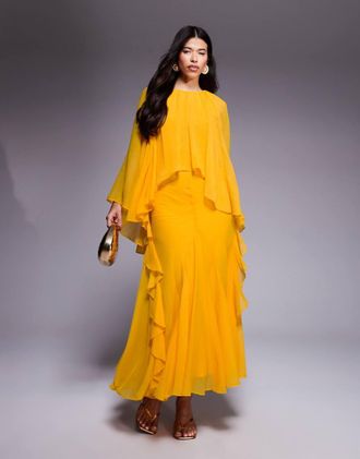 Asos Vestito lungo a trapezio in chiffon arancione con strato sovrapposto e volant
