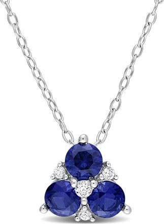 Amour 1 1/2 CT TGW Created Blue Sapphire and Created White Sapphire 3-sTone Pendant with Chain In Sterling Silver