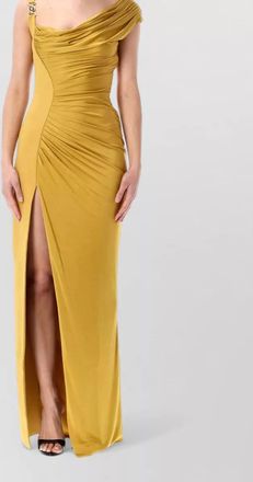 Versace long gown asymmetric draped panels straps