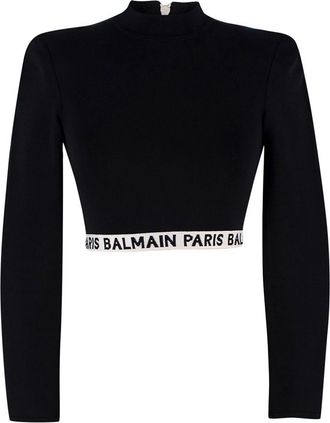 Balmain Black High Neck Cropped Logo Detail Top Size XXS