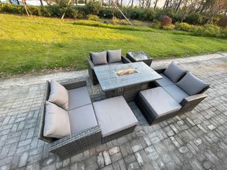 Fimous High Back Rattan Garden Furniture Sofa Sets with Outdoor Furniture Gas Firepit Dining Table Set 2 Big Footstool in Dark Grey