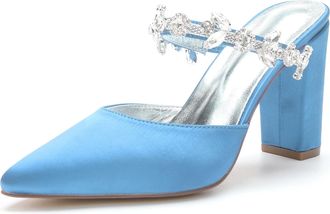 Generic Wedding Bridal Shoes Womens Pointed Toe Block Heel Bridal Slingback Chunky Heel Slip on Party Dress Heel Sandals Shoes 9Cm,Sky Blue,10 UK
