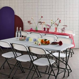 Sweeek Pair Of Folding Plastic Reception Tables With 12 Chairs in White