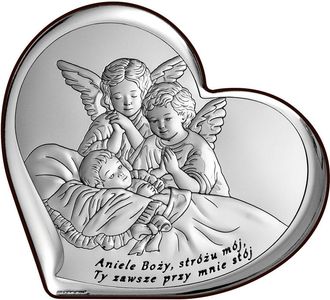 OEM Imagen Plateada De Un Coraz&oacute;n Con &Aacute;ngeles Sobre Un Ni&ntilde;o &aacute;ngel De Dios... 6676s 11,5 X 10 Cm
